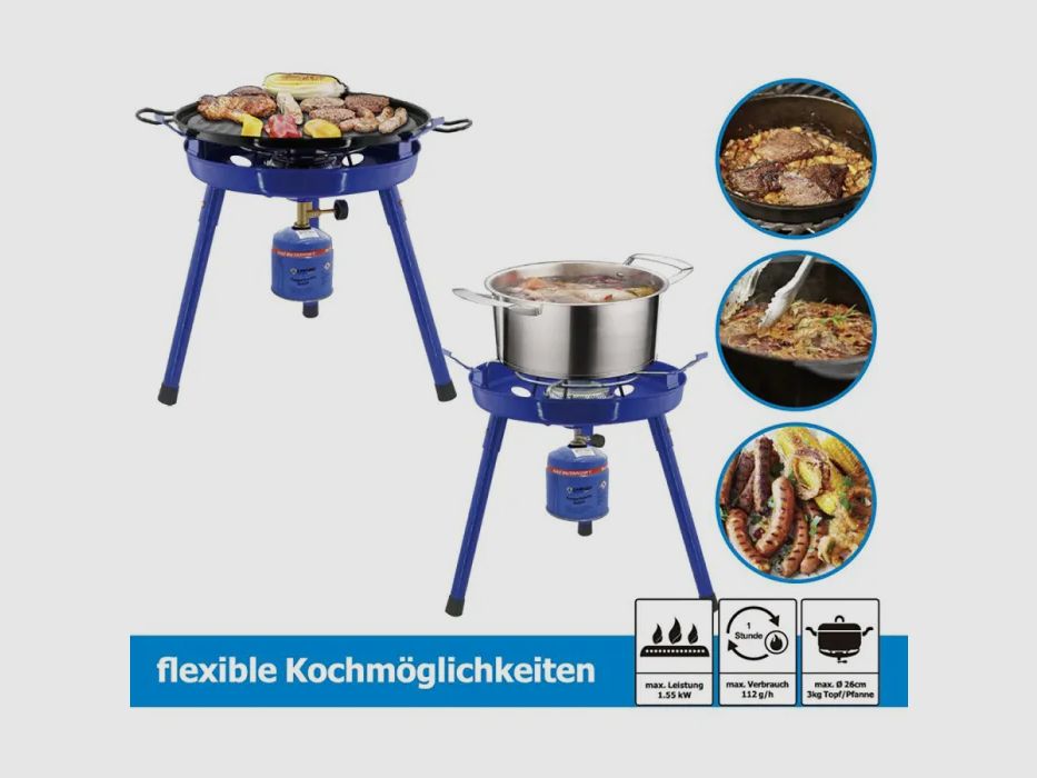 Camping Gasgrill 3in1 - kompatibel mit Schraubventilkartuschen + Gasflasche
