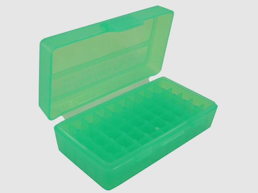 MTM cartridge box P50-9M-16 green clear with flip lid for 50 cartridges 9mm and others.