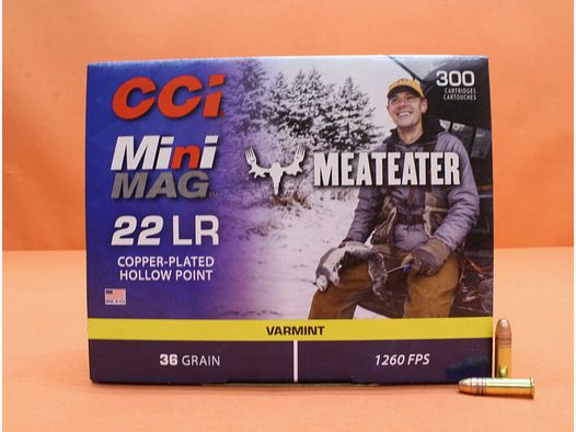 CCI. Cartucce .22lr CCI 36grs HP (00962ME) Mini Mag HS Meat Eater VE 300 cartucce (HV: 1260fps) rivestite in rame/ 2,6g proiettile a punta cava di piombo rivestito