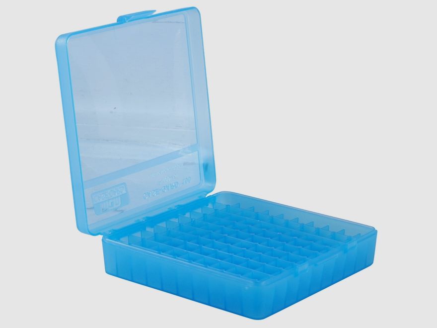 MTM scatola per cartucce P-100-22-24 blu trasparente con coperchio a ribalta per 100 cartucce .22 LR / .25 ACP