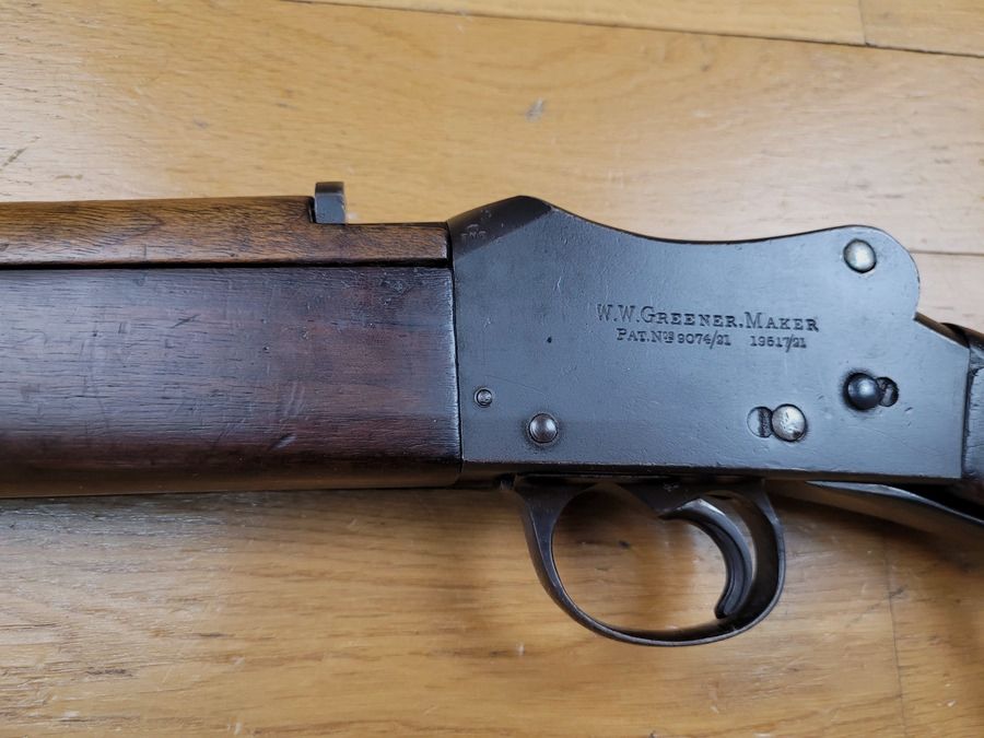 Rare riot-gun Greener – cal. 16/65 PSF – en configuration « militaire » avec tenon de baïonnette – canon miroir 60cm – must have de l’armement britannique – facile utiliser et à faire revivre – TBE, image 19 sur 24