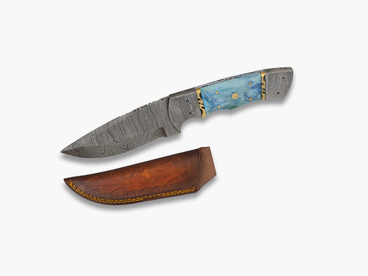 Martínez Damaszenermesser mit blauem Knochen und Lederscheide