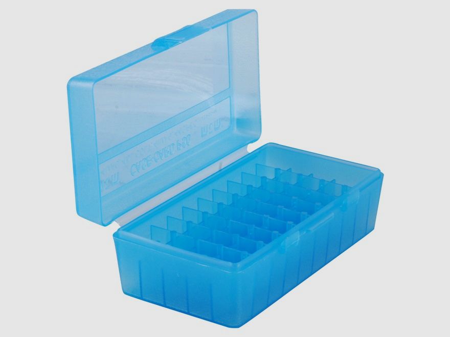 MTM scatola per cartucce P50-44-24 blu trasparente con coperchio a ribalta per 50 cartucce .44 Mag./.357 e altre.