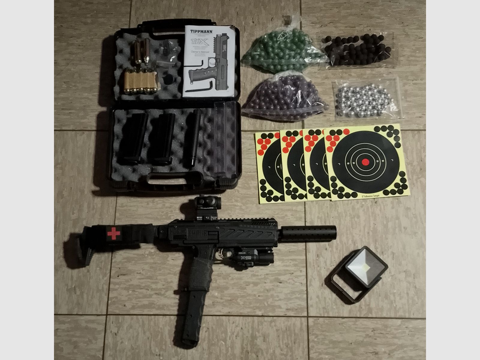 !Update! Tippmann Tipx MSC Body Kit Markierer .68 Zubehör Paintballs Gummibälle Alu Kugeln Cal 68 CO2 Set Visier Rot Grün Punkt Socom Laser Lampe