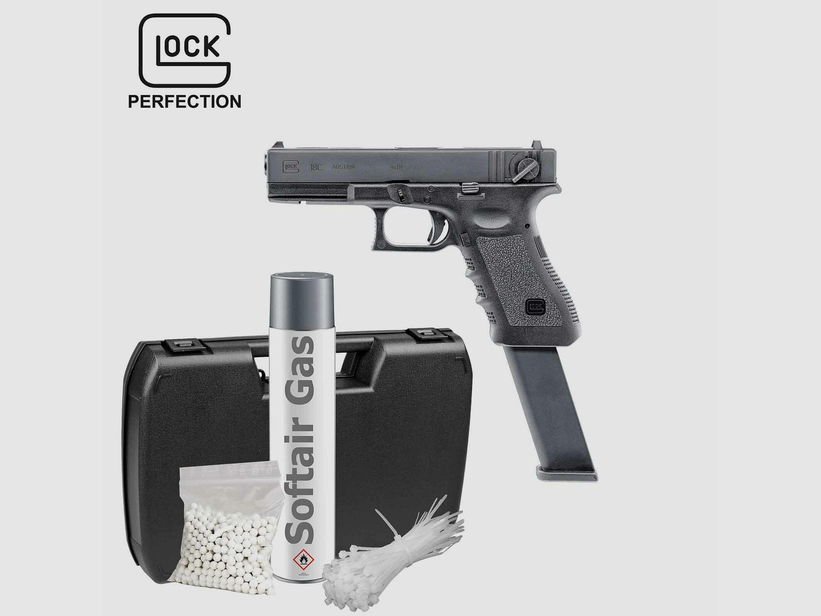 Komplettset Glock 18C Gen3 Schwarz Kaliber 6 mm BB  Gas Blowback (P18)