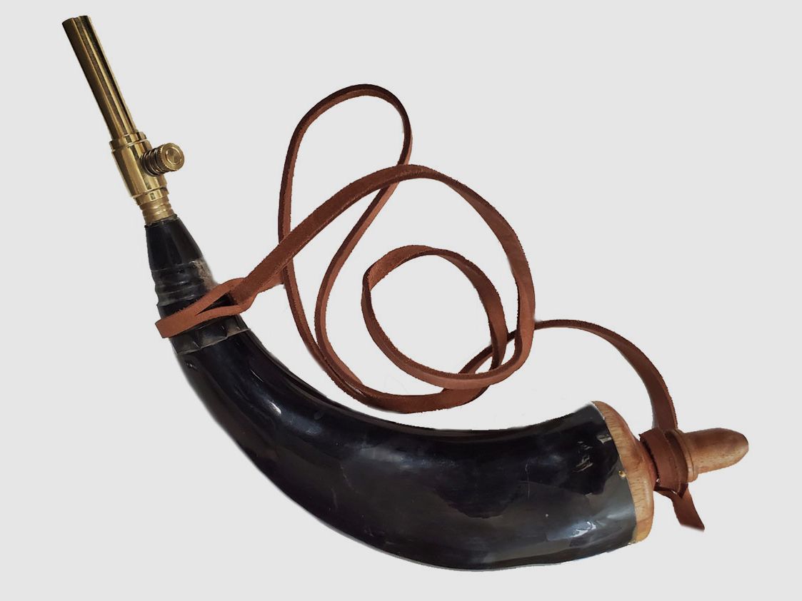 Powder horn with shut-off valve made of brass
