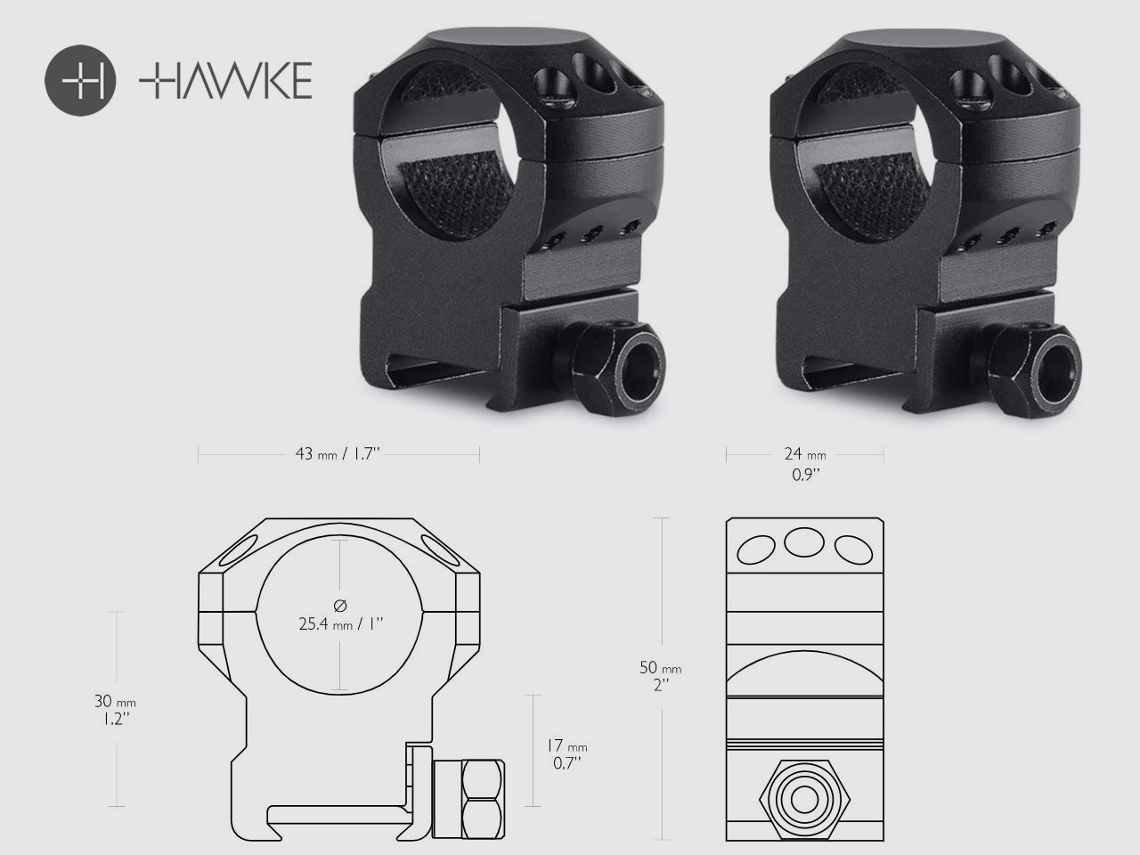 HAWKE Zielfernrohrmontage, Ringmontage (Paar), Weaverschiene, 1 Zoll Durchmesser, Alu, hoch