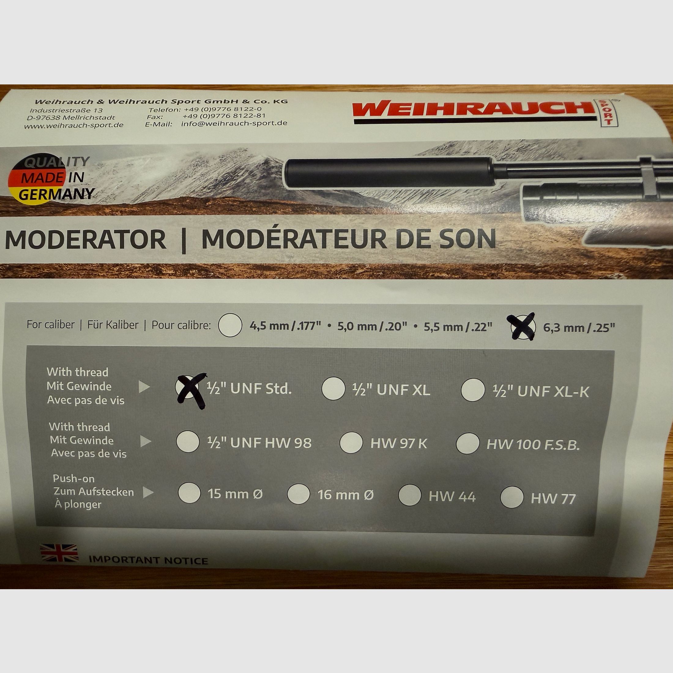 Weihrauch Schalldämpfer 635-HWSILENCER 1/2 Zoll UNF Gewinde