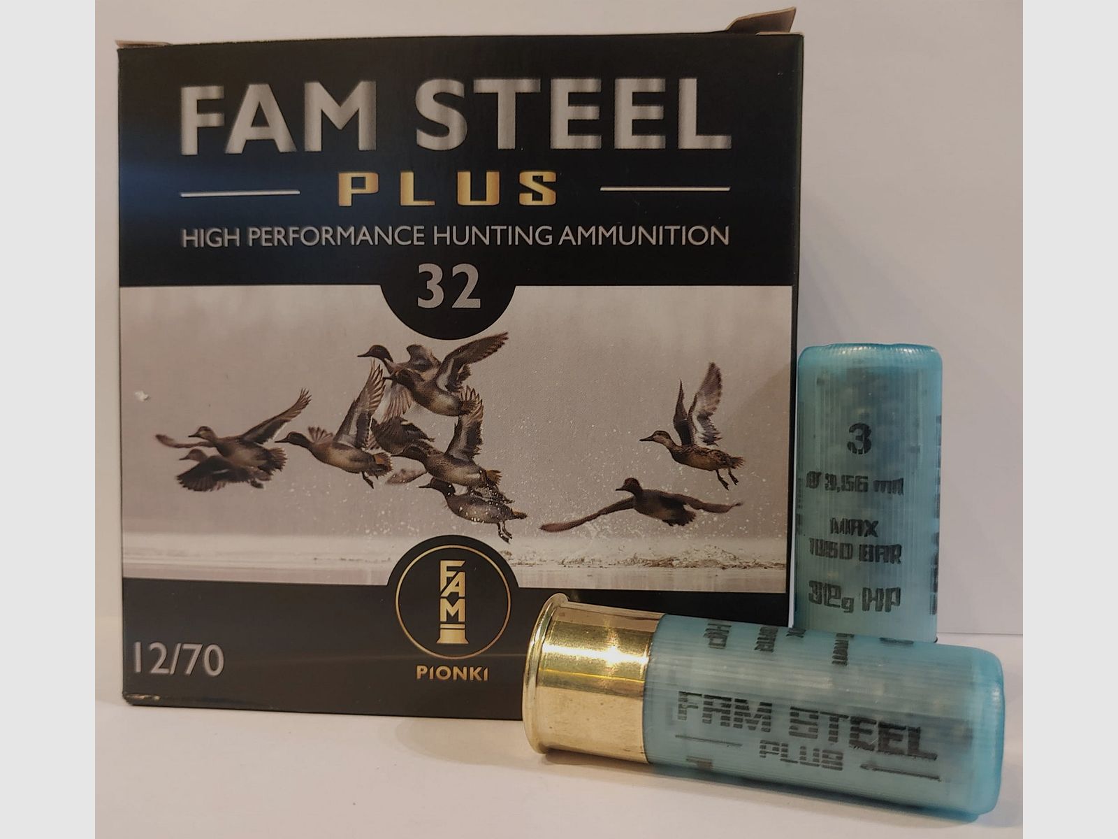 Munitions à grenaille FAM Pionki STEEL PLUS 32 g, 3–3,56 mm, cal. 12/70, boîte de 25 pièces