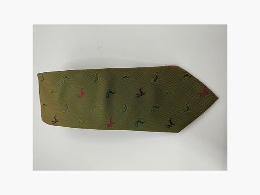 Tie dark green with a bit of orange motif dark green, light green, pink, and purple deer