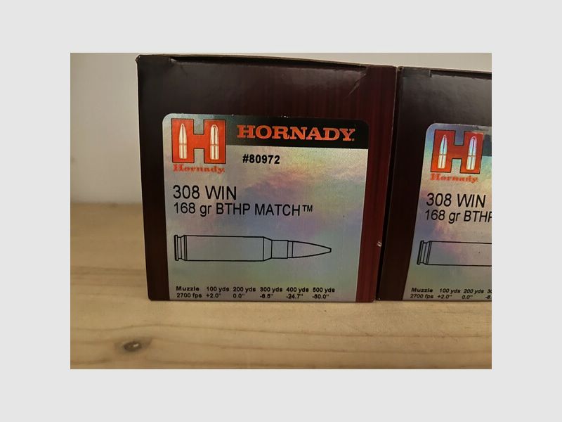 200 Schuss Hornady 308 WIN 168gr. BTHP Match (4 Pakete)
