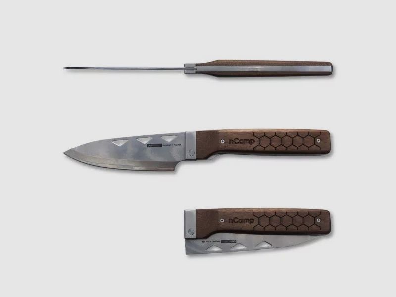 nCamp Elite Chefkochmesser (Damastklinge/Walnussholzgriff) mit Lederetui