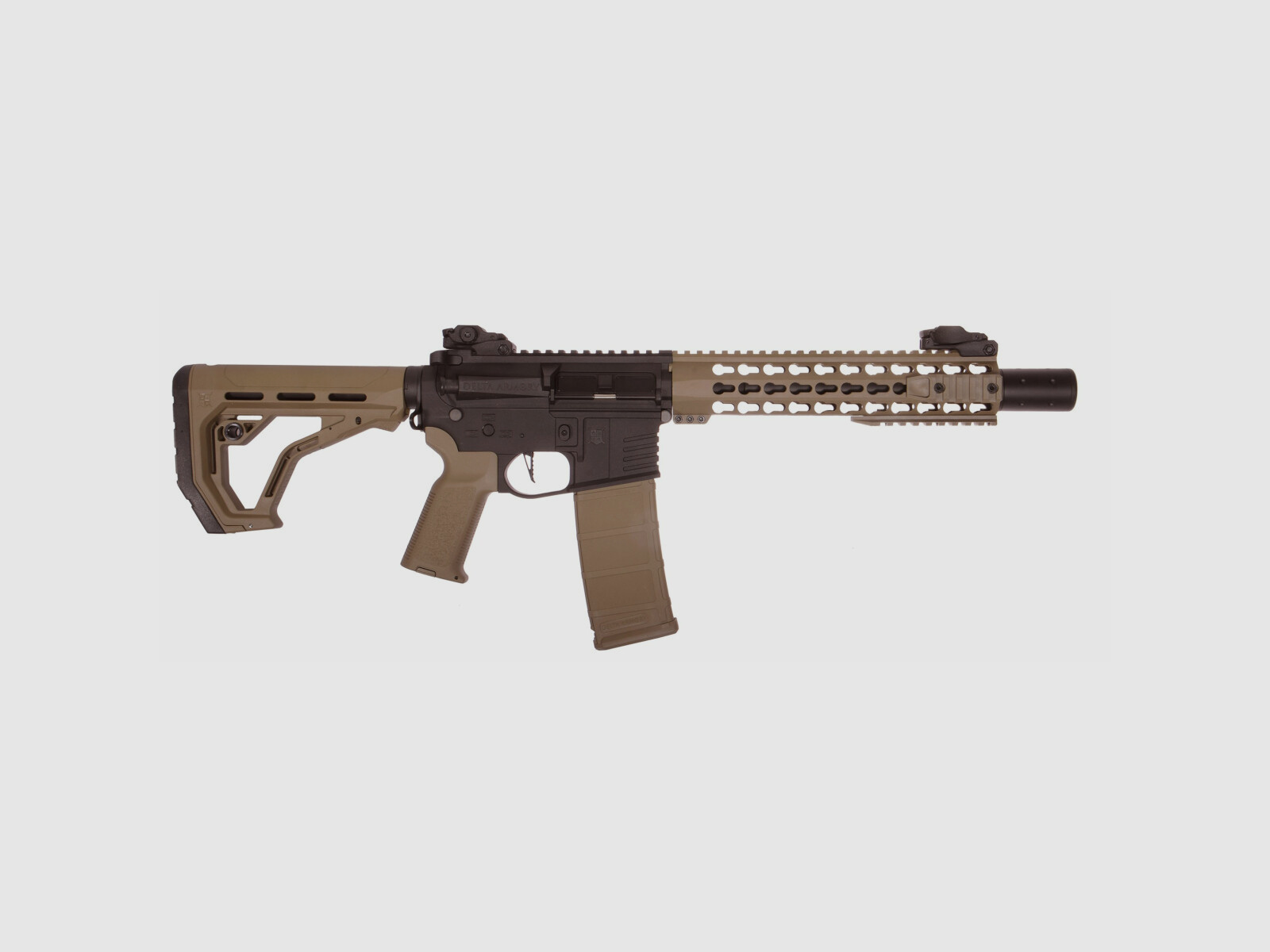 AR15 KeyMod 10 pulgadas PREDATOR CHARLIE EAGLE ETU Tan/Negro S-AEG Rifle Airsoft Libre a partir de 18 años | Delta Armory