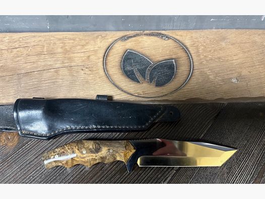 Handcrafted collector's knife Tanto with maple handle and leather pad