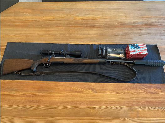 Mauser 98, kaliber 30.06, Swarovski Habicht 3-12x50, WHED tłumik,
