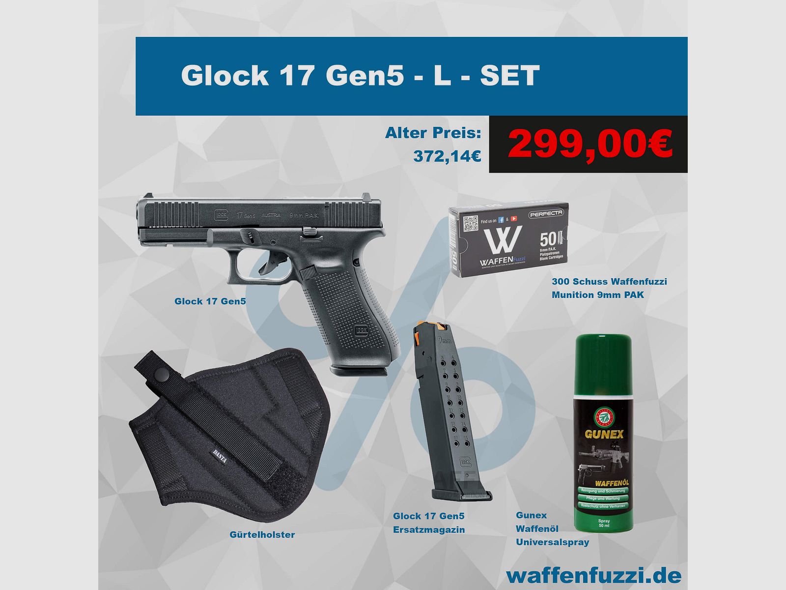 Glock 17 Gen5 Schreckschusspistolen Set "L" Kaliber 9mm PAK