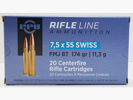 20 Schuss / 20 Patronen PPU 7,5x55 SWISS 7.5 x 55 174gr 11,3g Vollmantel FMJ BT Munition Prvi Partiz