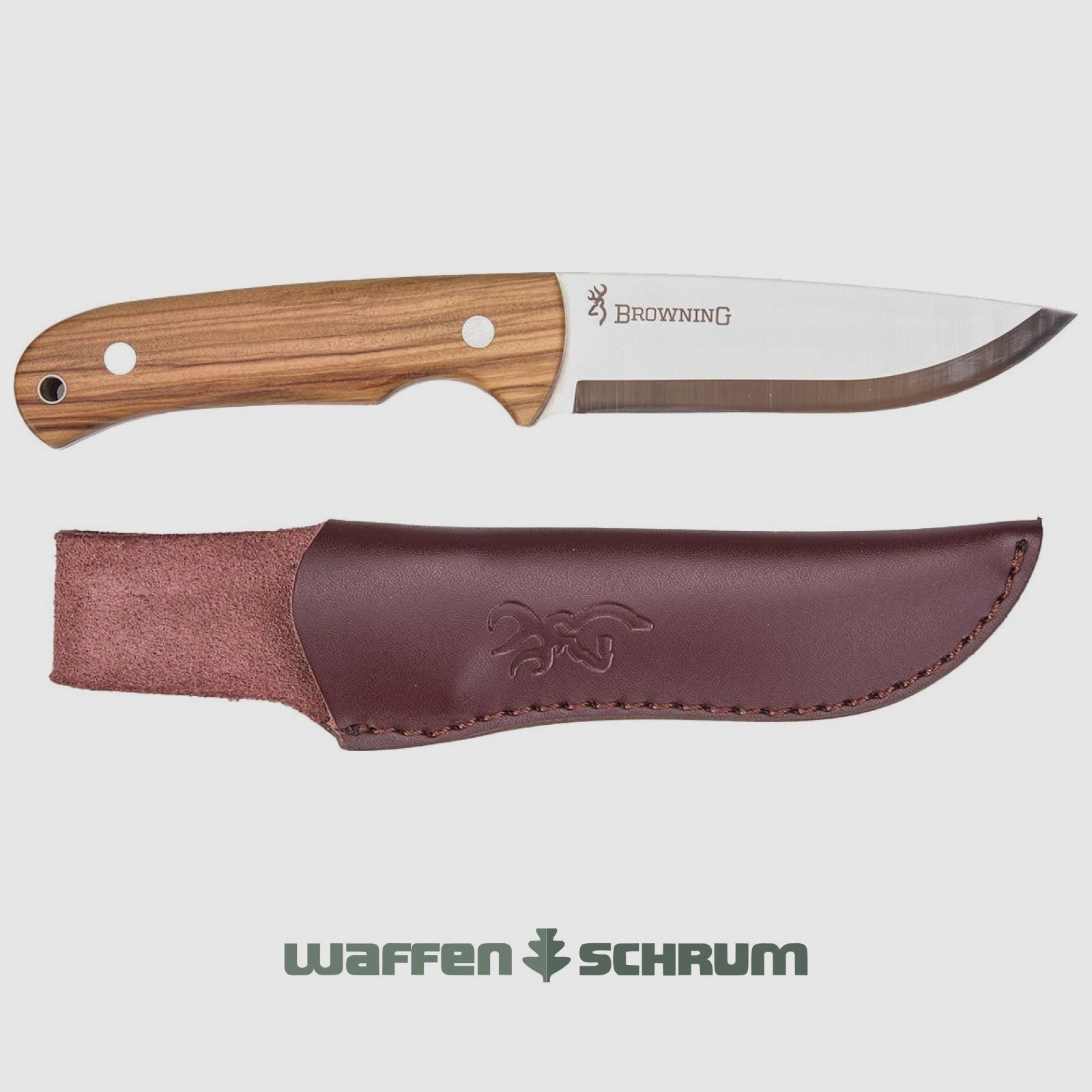 Coltello da caccia Browning Korvar lama fissa lunghezza 7,5 cm / impugnature in legno d'olivo / con fodero in pelle