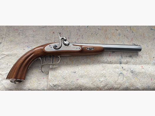 Vorderlader Pistole , Vorderladerpistole Le Page a Paris,  Kaliber .45, mit Ladeständer, Rundkugeln, Schusspflaster