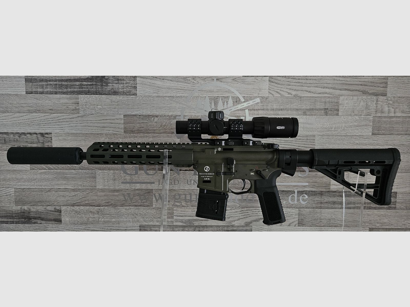Nowy towar z handlu specjalistycznego - Schmeisser AR15 S4F OD Green 10,5" .223Rem - Zestaw z tłumikiem + lunetą