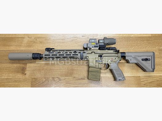 Heckler & Koch MR223 A3 Slim-Line 11" Lauf - halbautom. Büchse .223Rem MGBs Sondermodell FDE Edition inkl. Schalldämpfer B&T RBS PRINT-X Compact QDN CT - zivile Version HK416 / G95K / G38 G95A1 / G95KA1 / mit Upgrades - inkl. EOTECH EXPS3-0 tan + G33 tan KSK- Spezial HHS