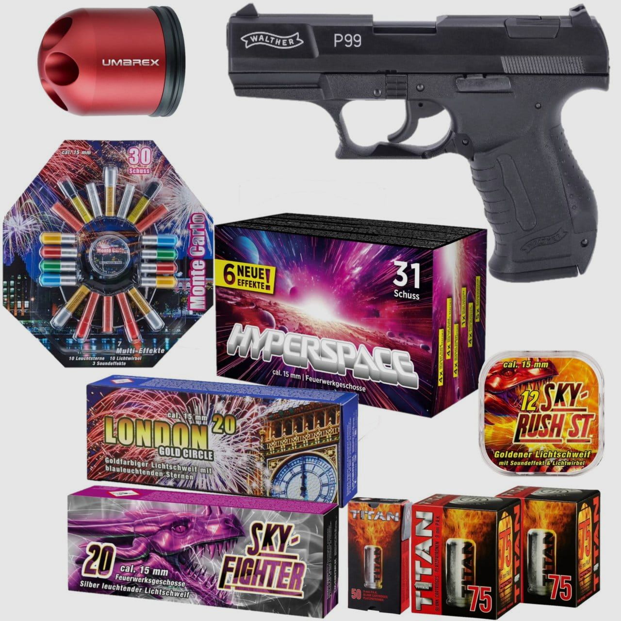 Silvester Set Walther P99 Schreckschuss Pistole 9 mm P.A.K. schwarz