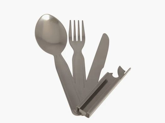 Set di posate da campo - coltello + forchetta + cucchiaio + apriscatole + apribottiglie in acciaio inossidabile