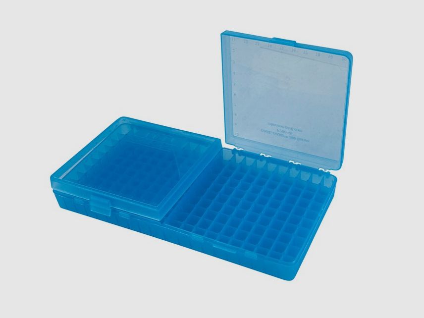 MTM scatola per cartucce P-200-9-24 blu trasparente con coperchio a ribalta per 200 cartucce 9mm e inferiori.