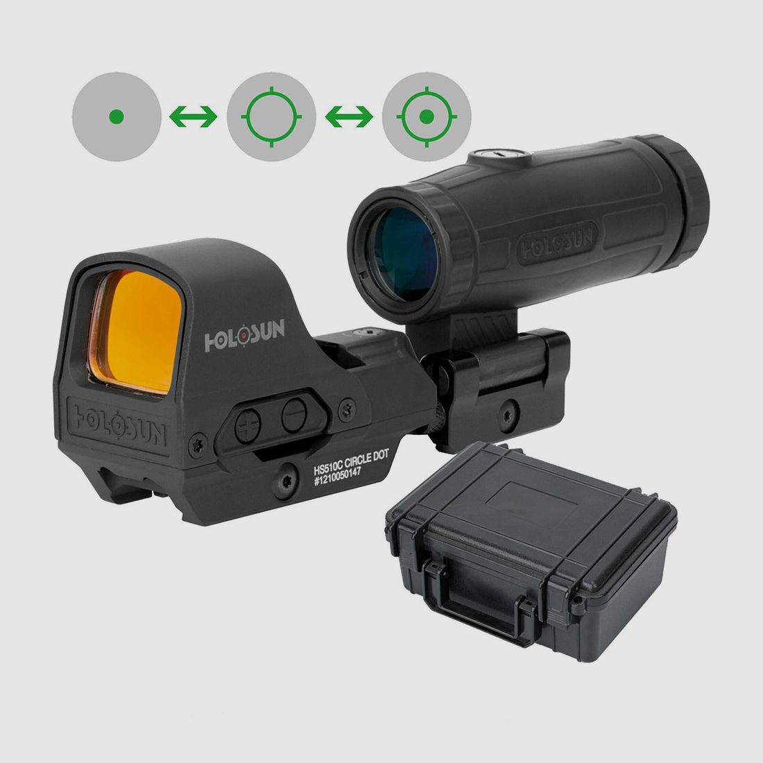 Set Holosun, viseur reflex Holosun, modèle HE510C-GR avec réticule vert : point 2MOA, cercle 65MOA & cercle 65MOA et grossisseur HM3X, image 1 sur 9