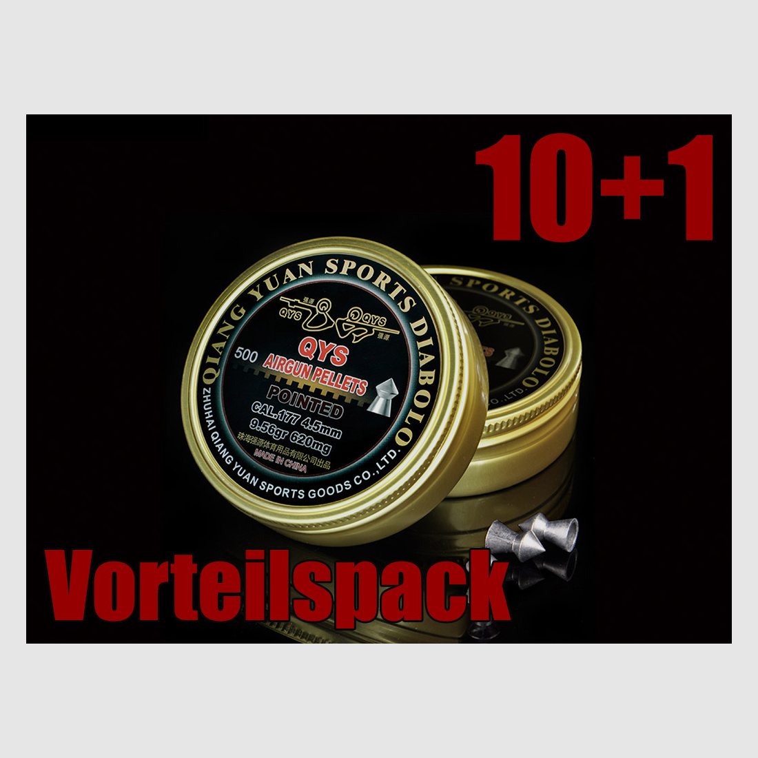 10+1 GRATIS x 500 StĂĽck QYS Qiang Yuan Sports Pointed Diabolo, Spitzkopf, glatt, 0,62 g, Kaliber 4,50 mm