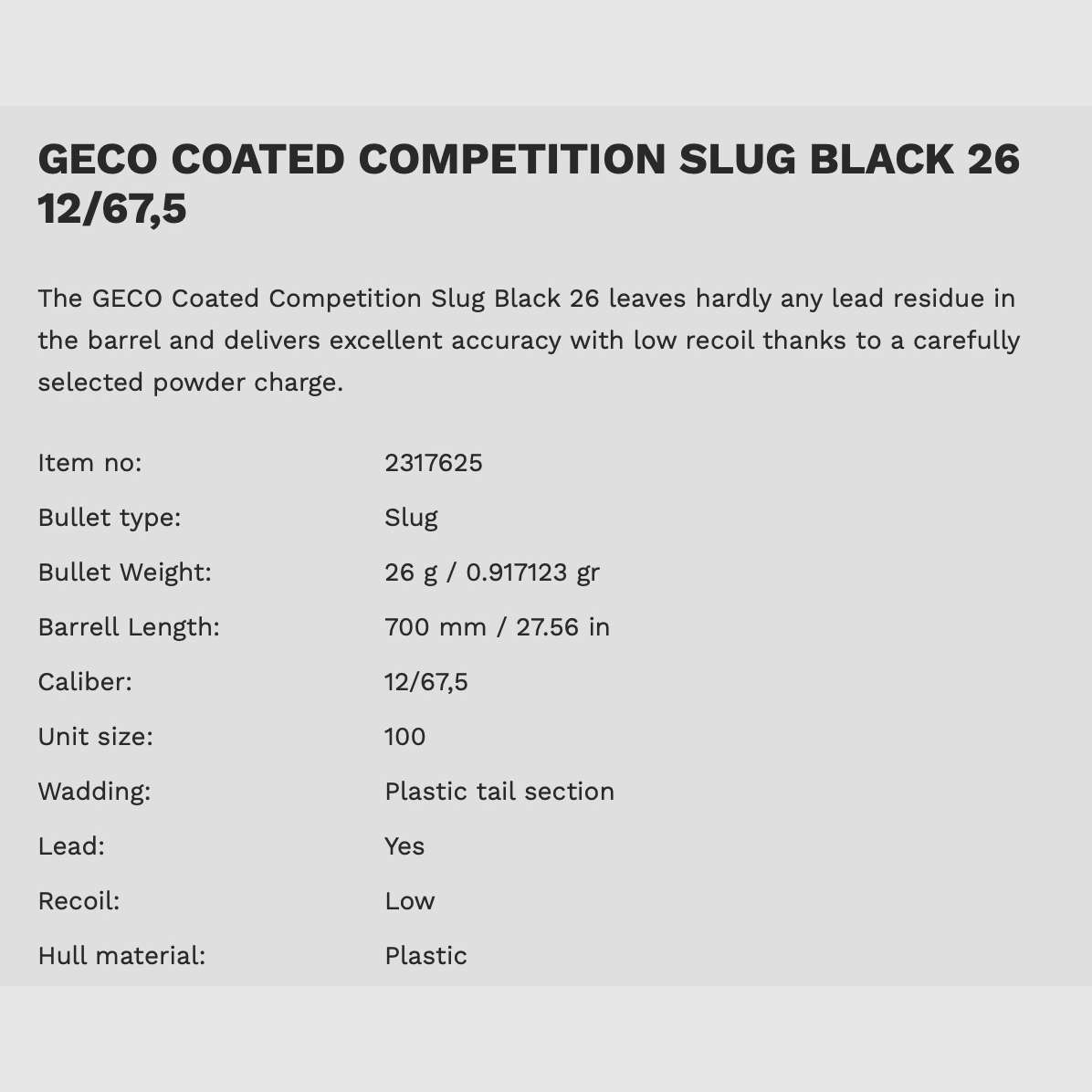Geco 2432031 Coated Competition Slug Black 26 12 / 67,5