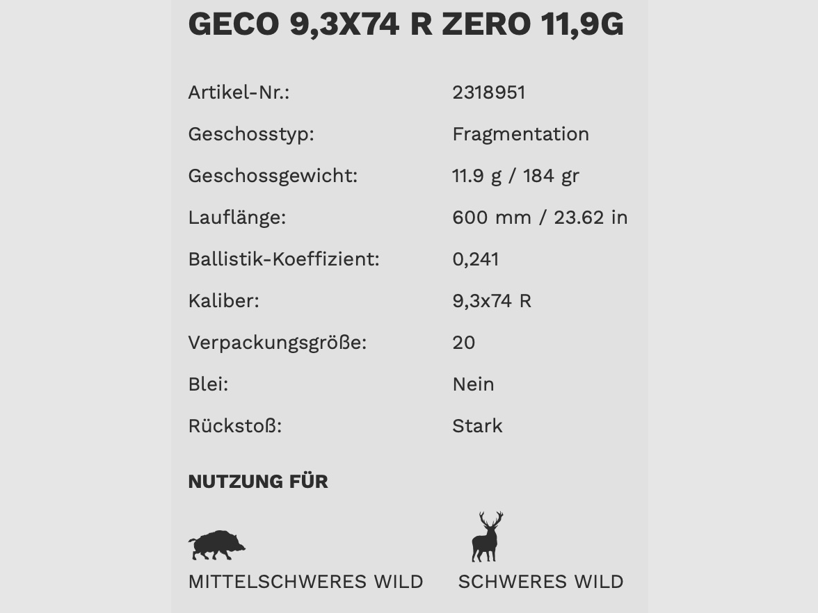 Geco Zero 9,3x74 R 11.9 g 184 gr Büchsenmunition Bleifrei