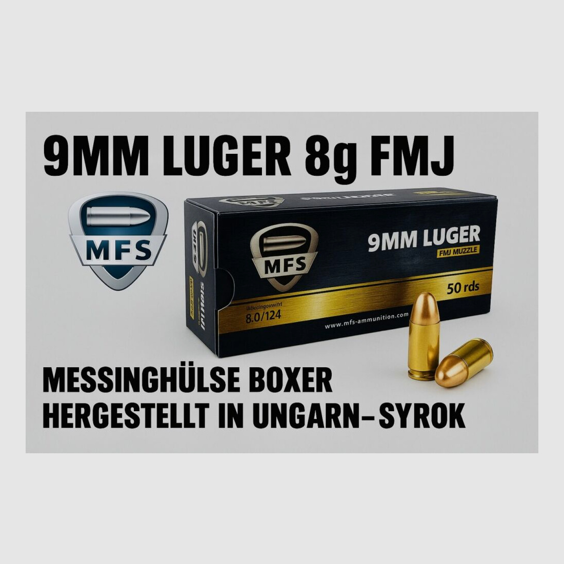 MFS ammunition 9mm Luger, FMJ, VPE: 50, 8.0g/124grs. - 1000 rounds available immediately +50€ ADR shipping