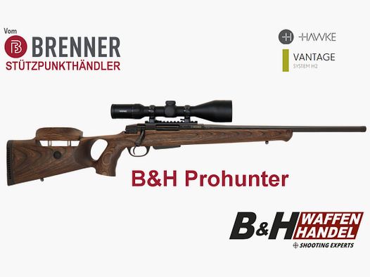 Pakiet kompletny Brenner: BR20 B&H Prohunter z osadą z otworem z zamontowanym lunetą Hawke 3-12x56