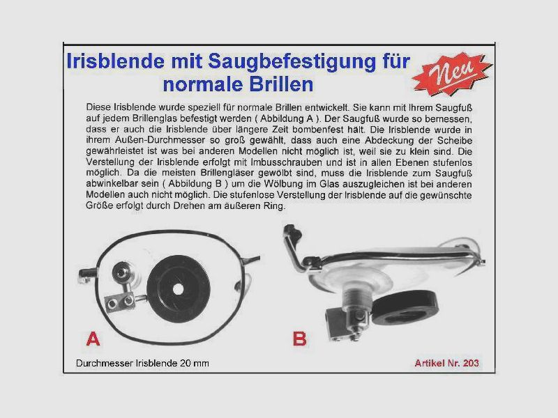 Irisblende für normale Brillen mit Saugbefestigung