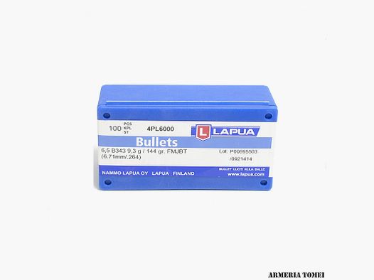 LAPUA – PALLE CAL 6.5MM (6.72 MM / .264) 144 GR FMJ BOAT TAIL CONF. 100 PZ