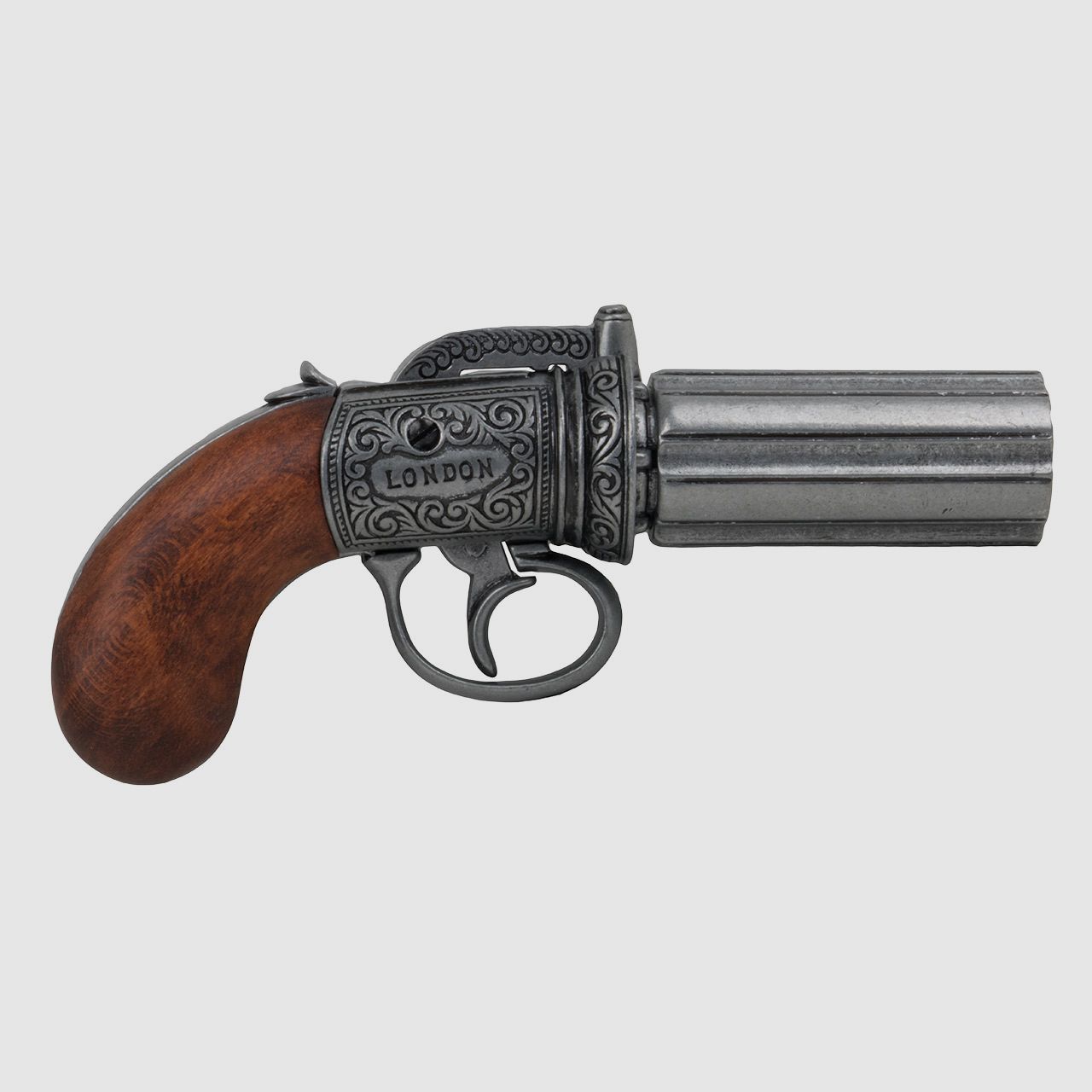 Deko Vorderlader BĂĽndelrevolver Pepperbox England 1840 6-lĂ¤ufig LĂ¤nge ca. 22,5 cm silbergrau verziert
