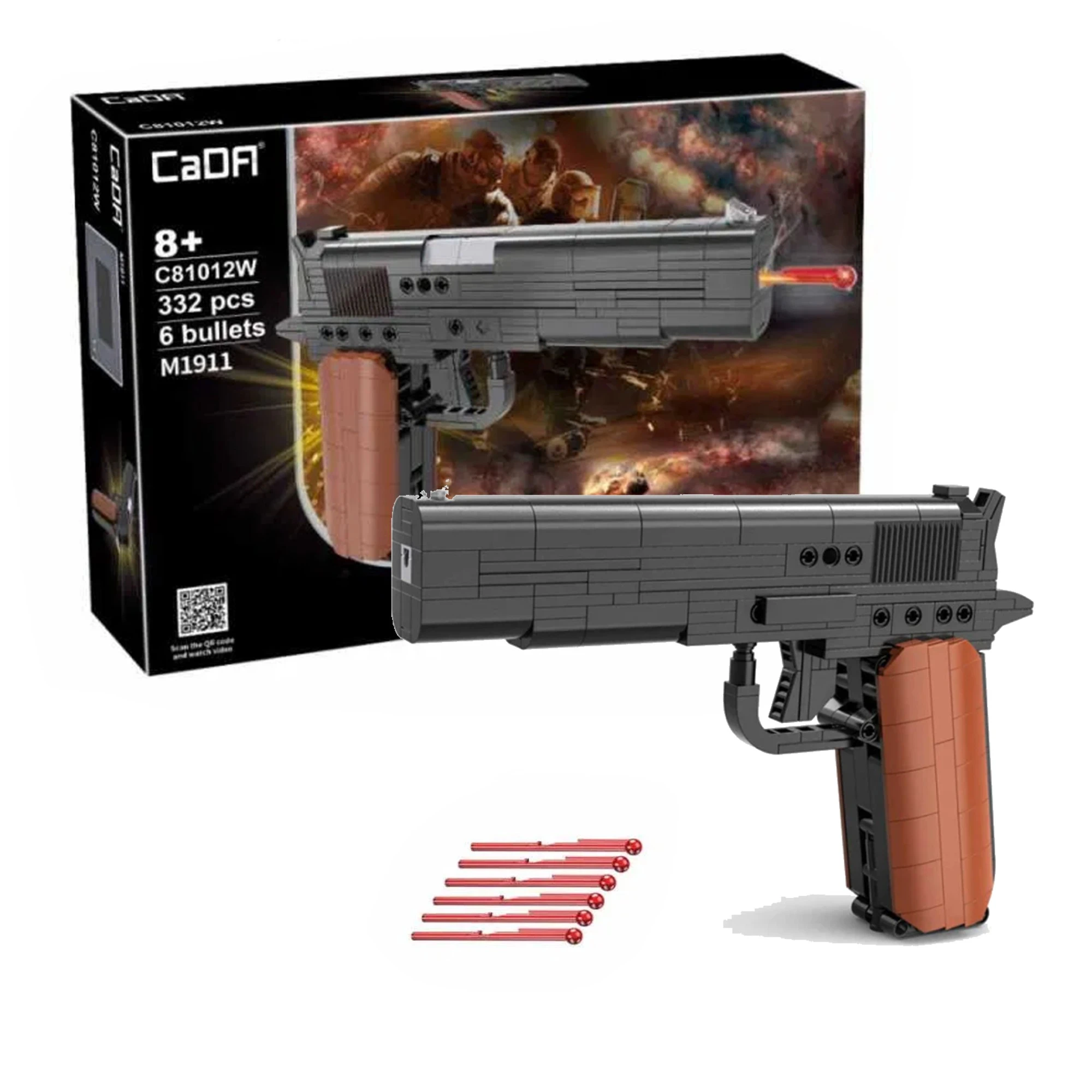 CaDA Konstruktionsbausteine schießende Pistole M1911 + 6 Geschosse, 332 Teile C81012W