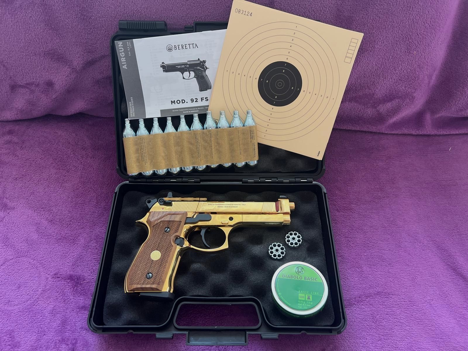 Beretta 92 FS CO2-Pistole – Exklusive Gold-Edition (24K) mit Echtholz Griffen-Rarität aus Sammlung (ungeschossen)