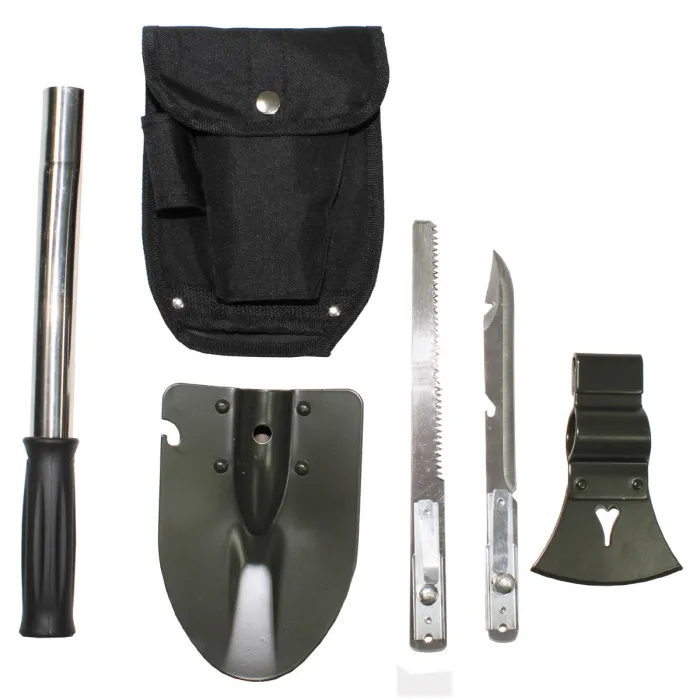 Set multifonction, 6 en 1, avec sac - composé de : manche universel, hache, pelle, scie, couteau avec ouvre-bouteille et ouvre-boîte