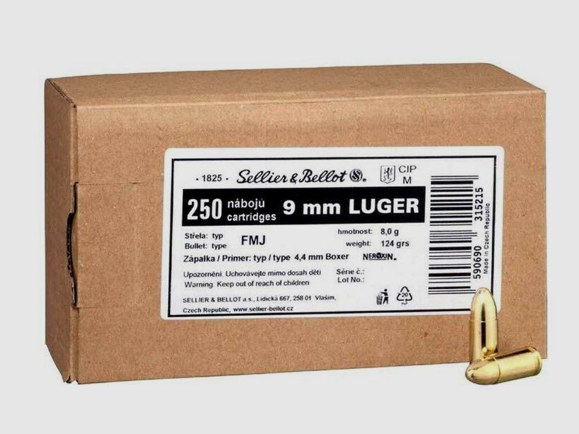 SELLIER & BELLOT confezione sfusa 9 mm Luger palla intera 8,0g/124gr - GLI ULTIMI!