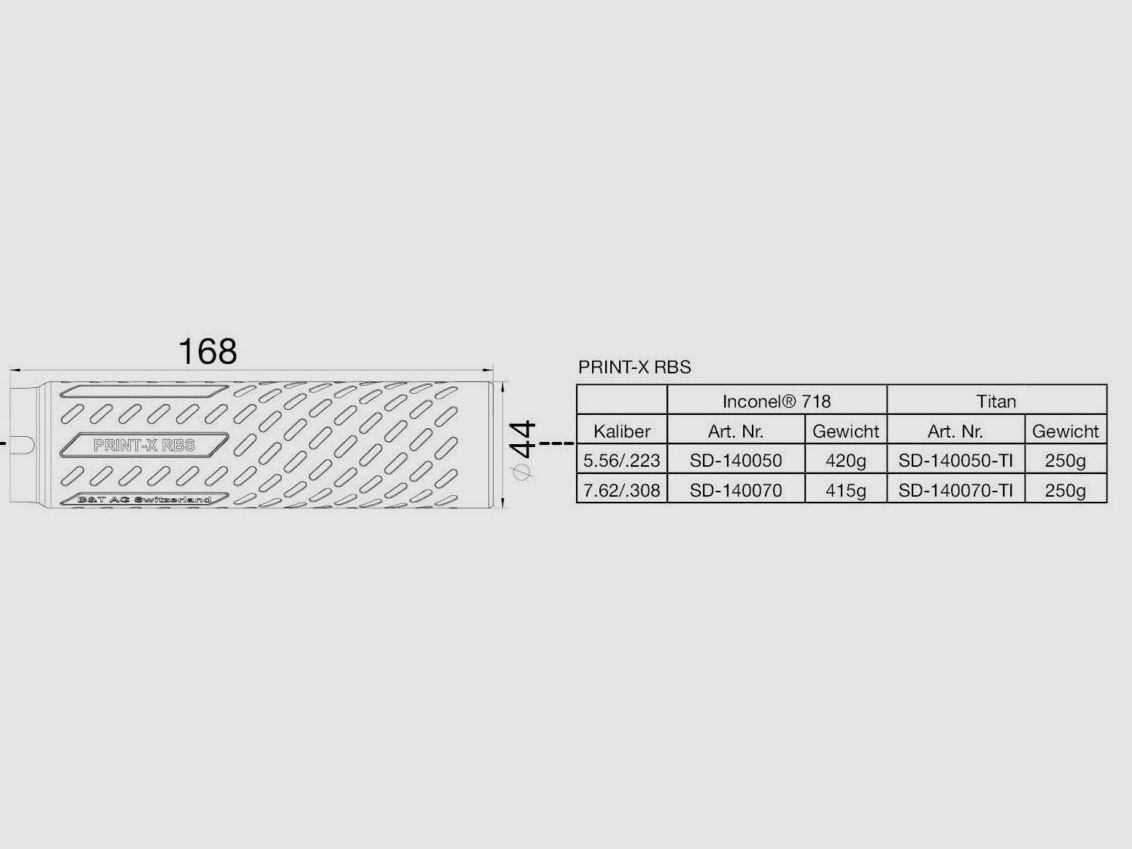 Schalldämpfer B&T AG RBS rifle suppressor PRINT-X .308 - cal. < 7.7mm - with HUB interface 1.375"-24 (NO adapter included) - made of Titan, 3D printed