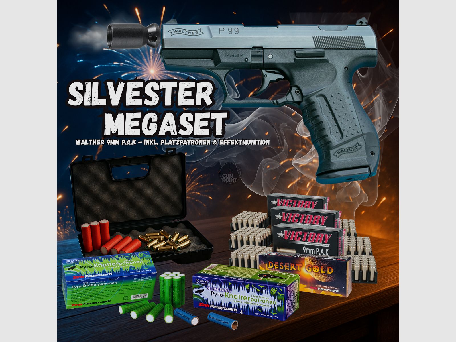 SILVESTER MEGASET !!! Schreckschuss - Pistole - Walther P99 - 9 mm P.A.K. inkl. Koffer, 150 Platzpatronen & 120 Schuss Effektmunition