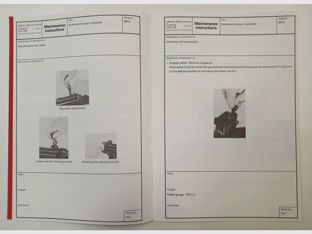 Heckler & Koch original HK MP5 SUBMACHINE GUN INSTRUCTIONS FOR MAINTENANCE AND REPAIR ID-No. 927859 ENG