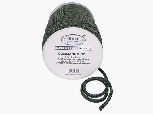 Cuerda, oliva, 7 mm x 60 metros en rollo, polipropileno 18g/m * ¡No es cuerda de escalada! *