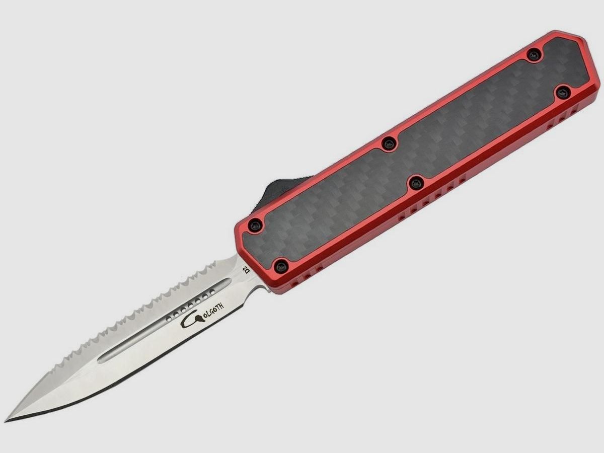 Golgoth G11BS3 red automatic OTF knife with D2 dagger blade with serrated edge on one side, image 2 of 10