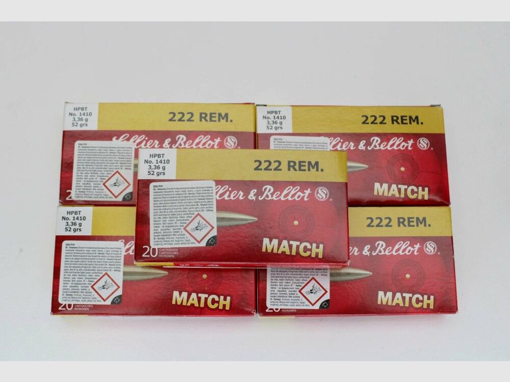 100 shots S&B Match .222Rem 3.36 grams 52grs. 5x20 pack