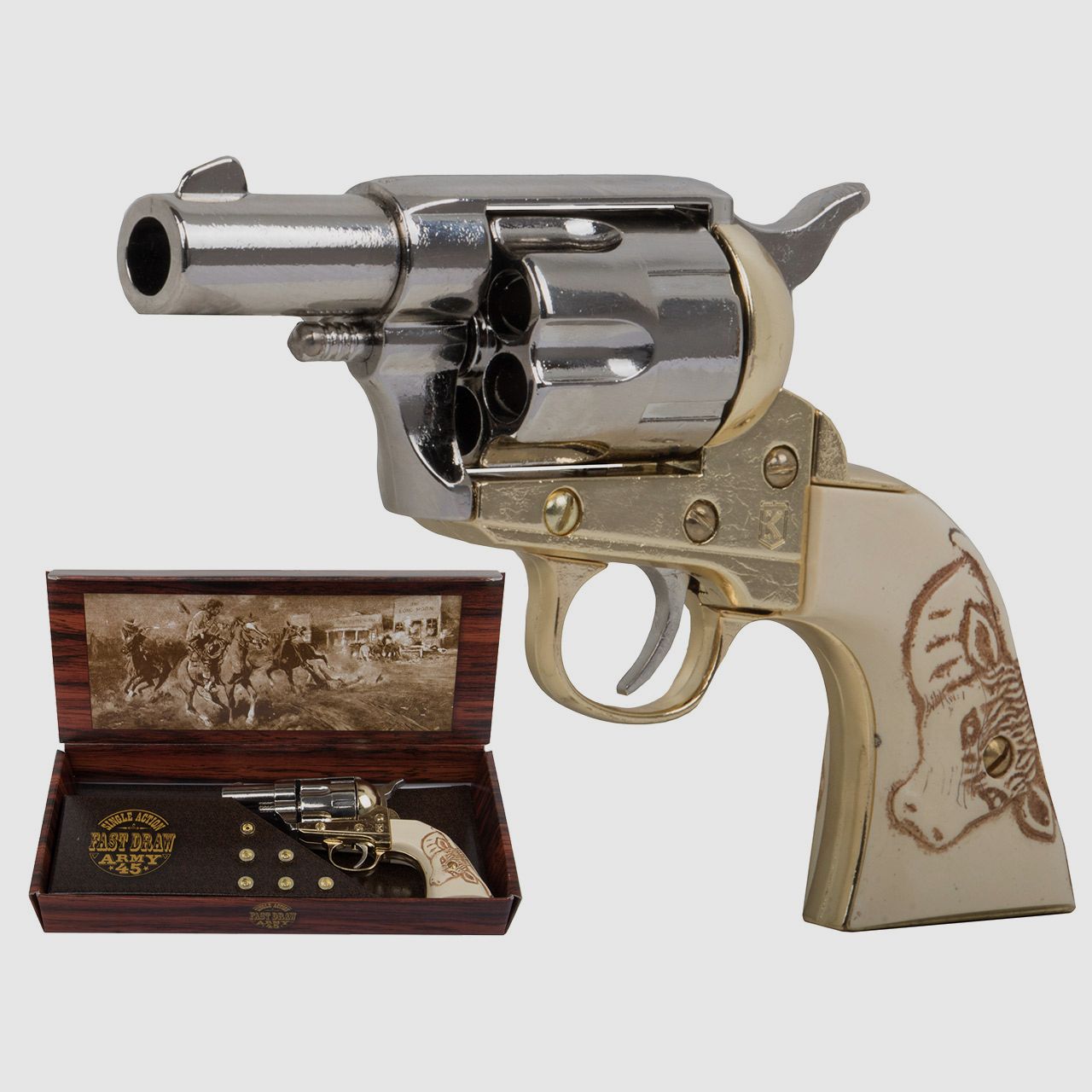 Deko Revolver Kolser Colt SAA Single Action Army Snub Nose 2,5 Zoll weiĂźe Griffschalen mit Stiermotiv nickel gold