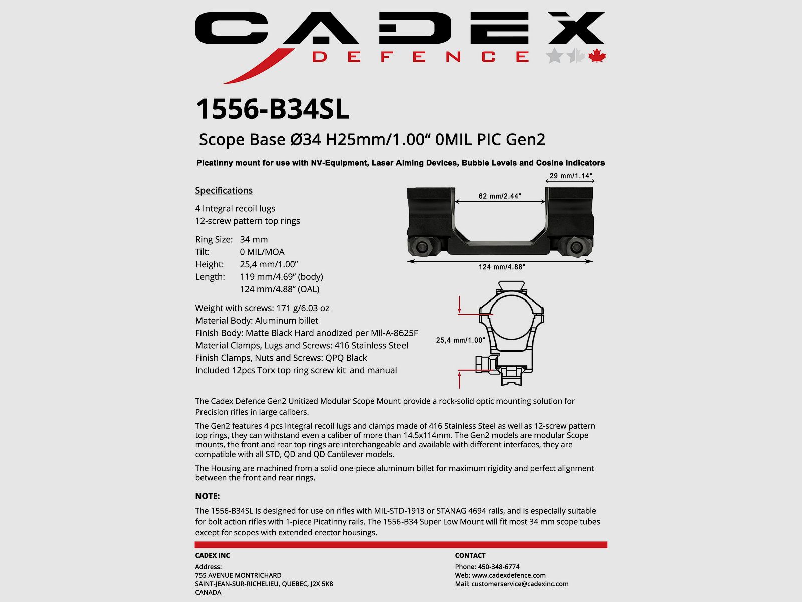 CADEX DEFENCE Unitized Scope Base Ø34 H25mm 0MIL PIC Gen2, afbeelding 3 van 4