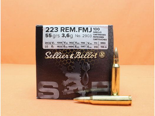 S&B/ Sellier&Bellot Patrone .223Rem S&B/ Sellier&Bellot 55grs FMJ (2903) VE 100 Patronen/ 3,6g Vollmantel